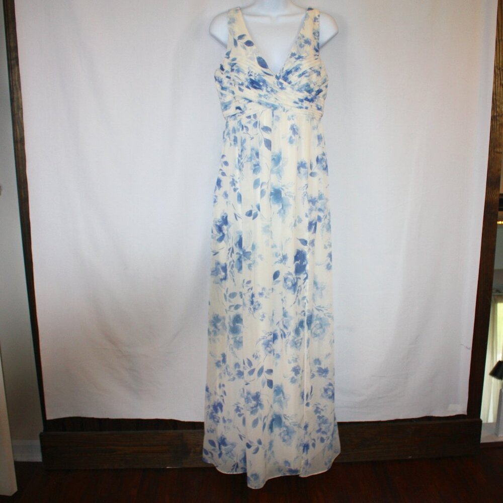 Birdy Grey Dress Womens Large Blue White Chiffon Rococo Floral Maxi Cottagecore